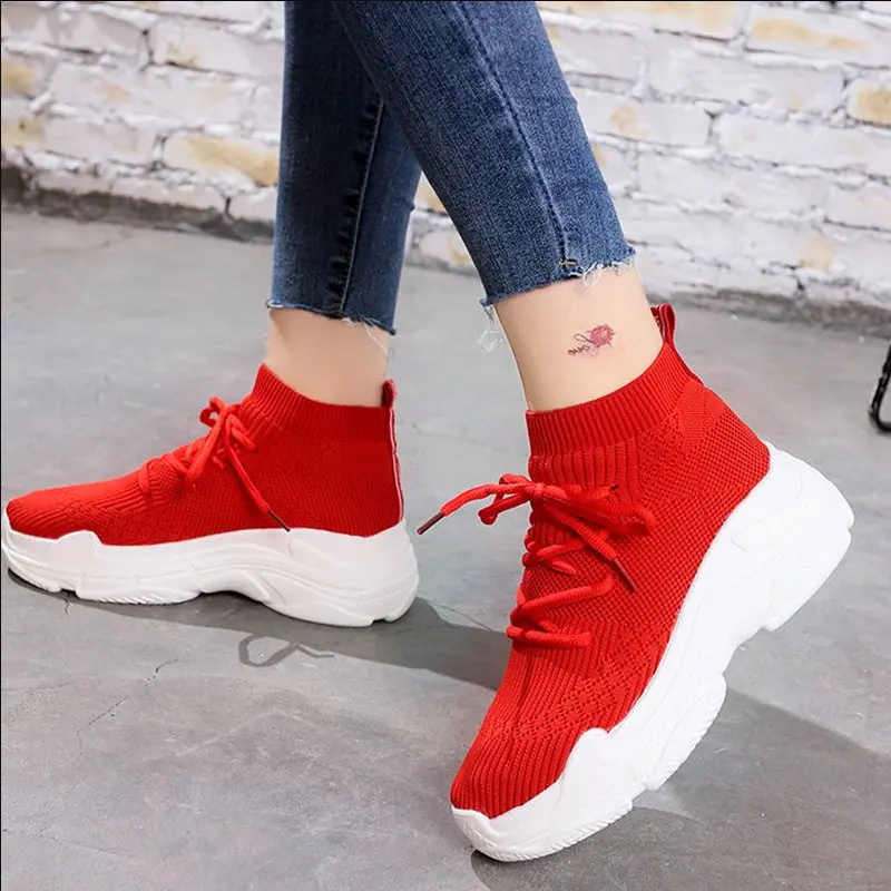 

new chic shoes Autumn Mesh Breathable Stretch Fabric Outdoor Women Shoes thick bottom designer red knit socks woman sneakers