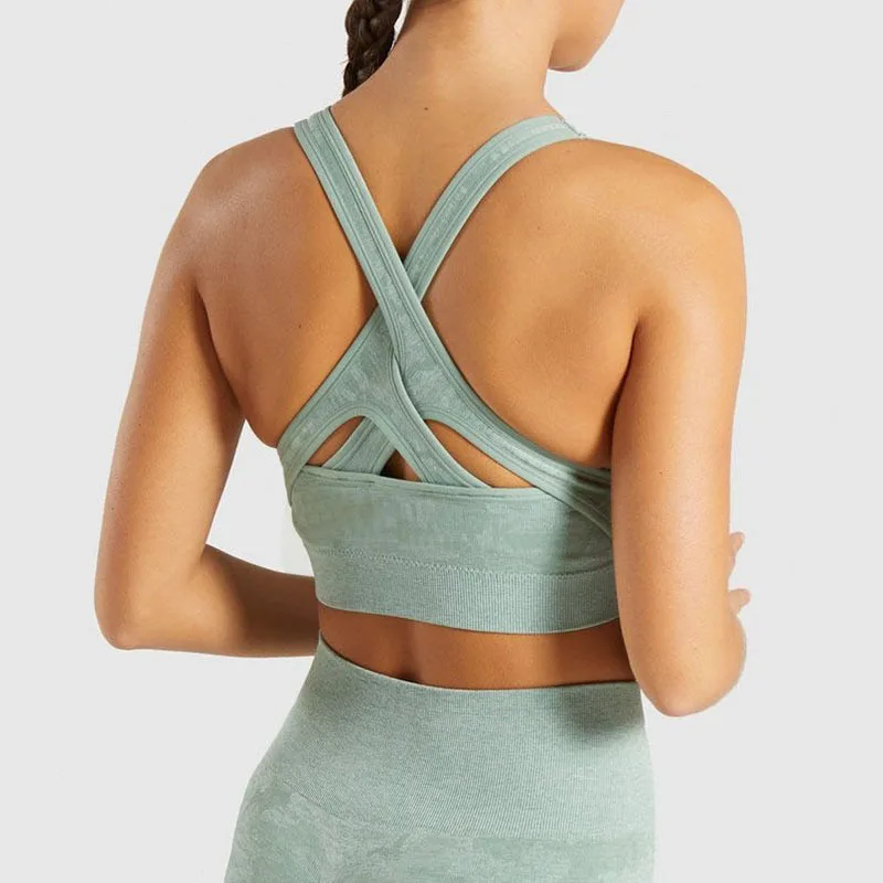 Goedkoop SALSPOR Nieuwe Camo Naadloze Sport Bh Vrouwen Hoge Impact Push Up Gym Running Fitness Tops V hals Cross Workout Crop Top yoga Beha