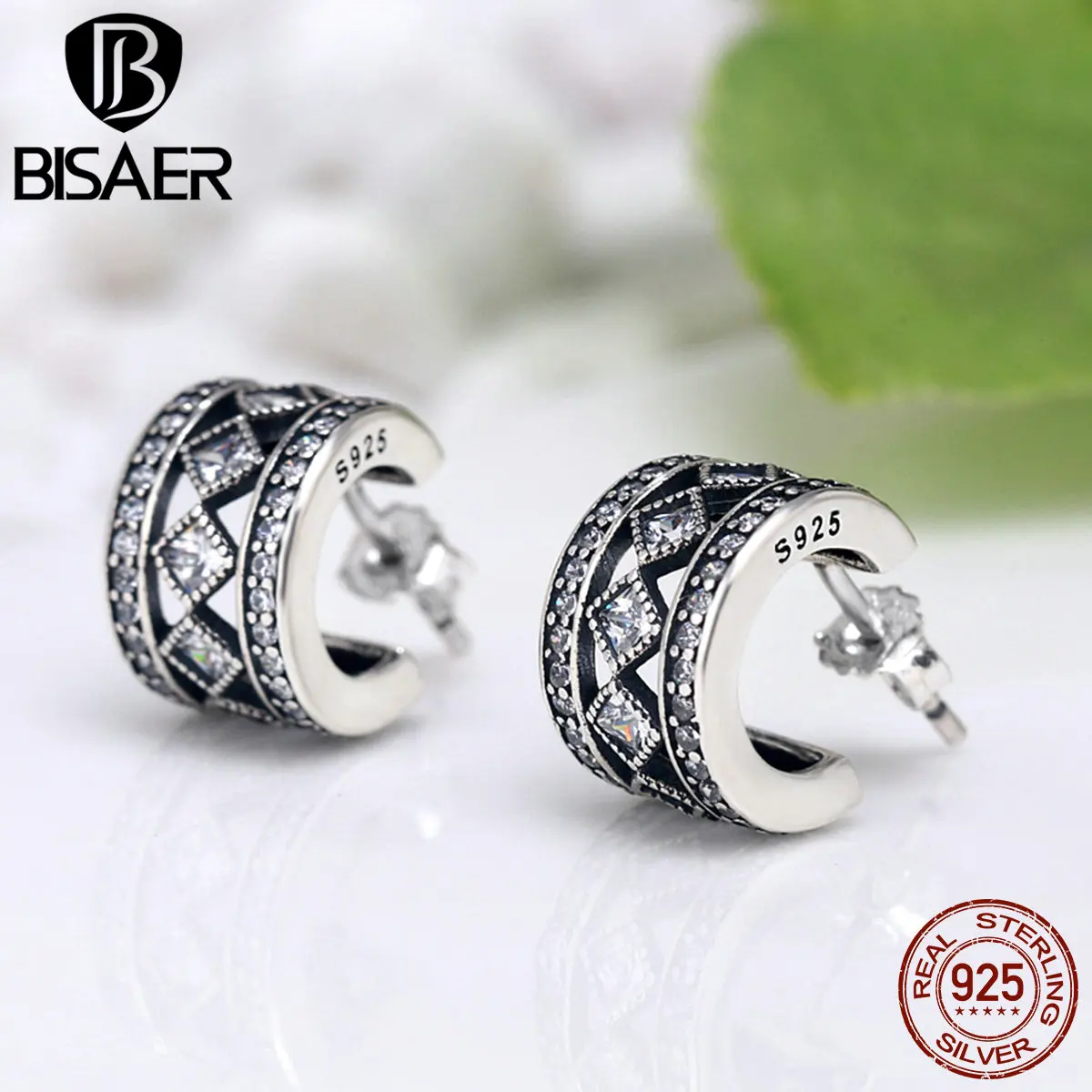 BISAER, подлинные Серьги Brincos, 925 пробы, серебро, винтажные квадратные геометрические серьги-гвоздики для женщин, модные серьги, ювелирное изделие ECE052