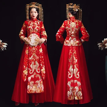 

Vintage Toast Clothes Ancient Women Wedding Cheongsam Suit RED Chinese Royal Bride Dress Gown Oriental Style Embroidery Qipao