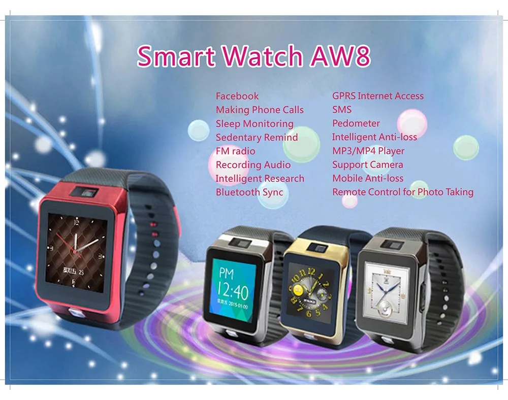 AW8 Smart Watch Support Camera Pedometer FM Radio Recording Audio Bluetooth Sync for for HUAWEI P9 P9 Plus Mate 9 Mate 8 Mate 7