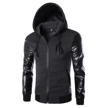 Spring Sport Jacket Men Hooded Running Jacket And Coat PU Leather Sleeve Slim Outerwear Coat Men Zipper Coat Sportswear 823133