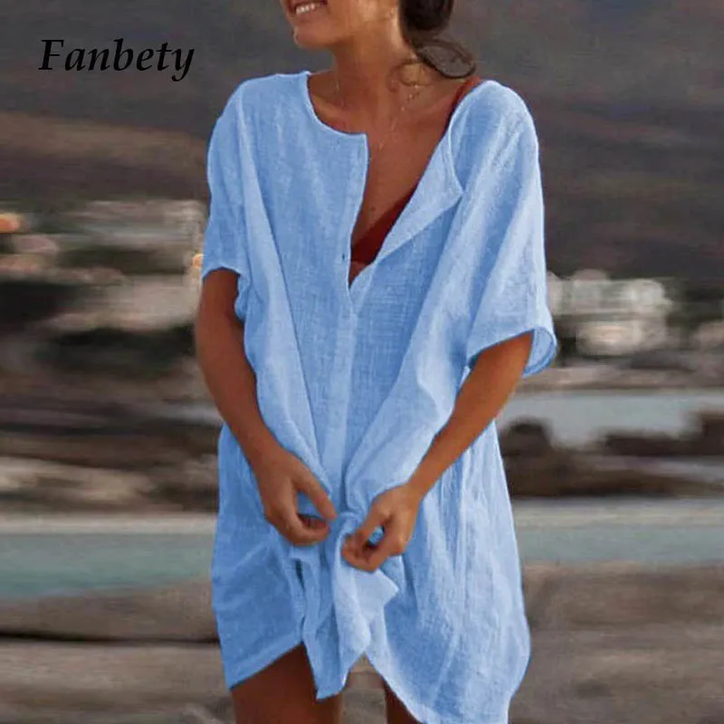 

Fanbety New Plus Size Solid Cardigan Dress Women Summer Short Sleeve button Sundress Elegant Casual Beach Tops Shirt Dresses 5XL