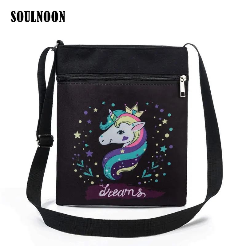 

Casual Cartoon Unicorn Print Shoulder Bag Female Double Zipper Small Canvas Mobile Phone Packet Children's Messenger School Bags