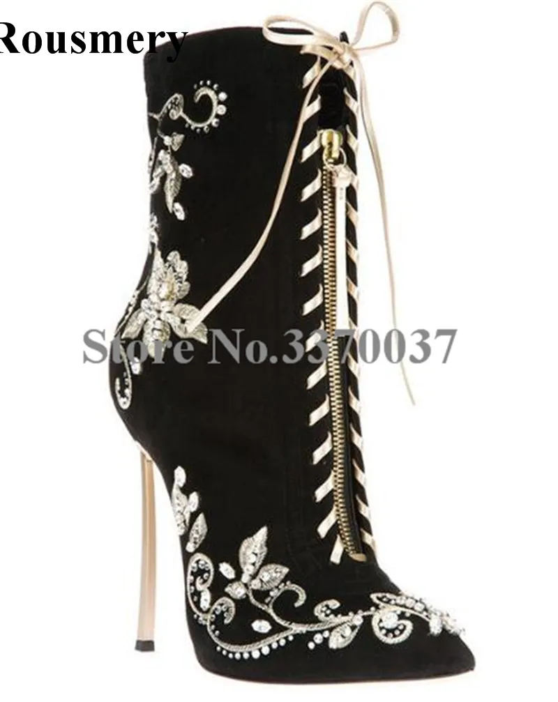 

Hot Selling Women Fashion Pointed Toe Black Embroidery Lace-up Ankle Boots Zipper Design Stiletto Heel Gladiator Boots