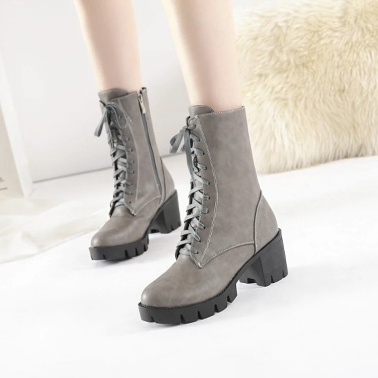 

Big Size 11 12 13 14 15 Round head thick high heel side zipper front lace cross strap square heel mid-barrel Martin boots