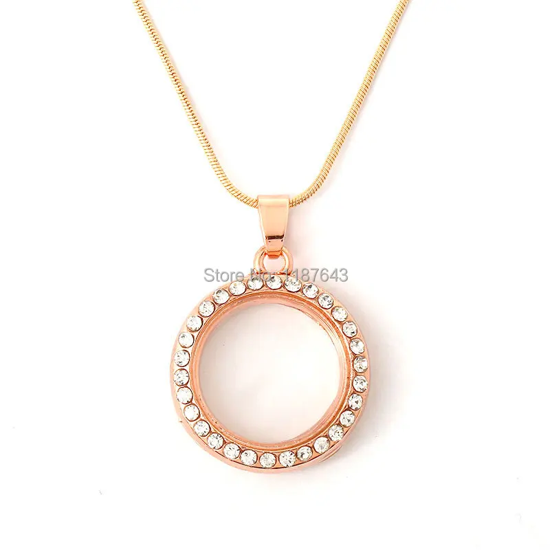 30mm Rose Gold Plated Rhinestone Glass Lockets Pendant