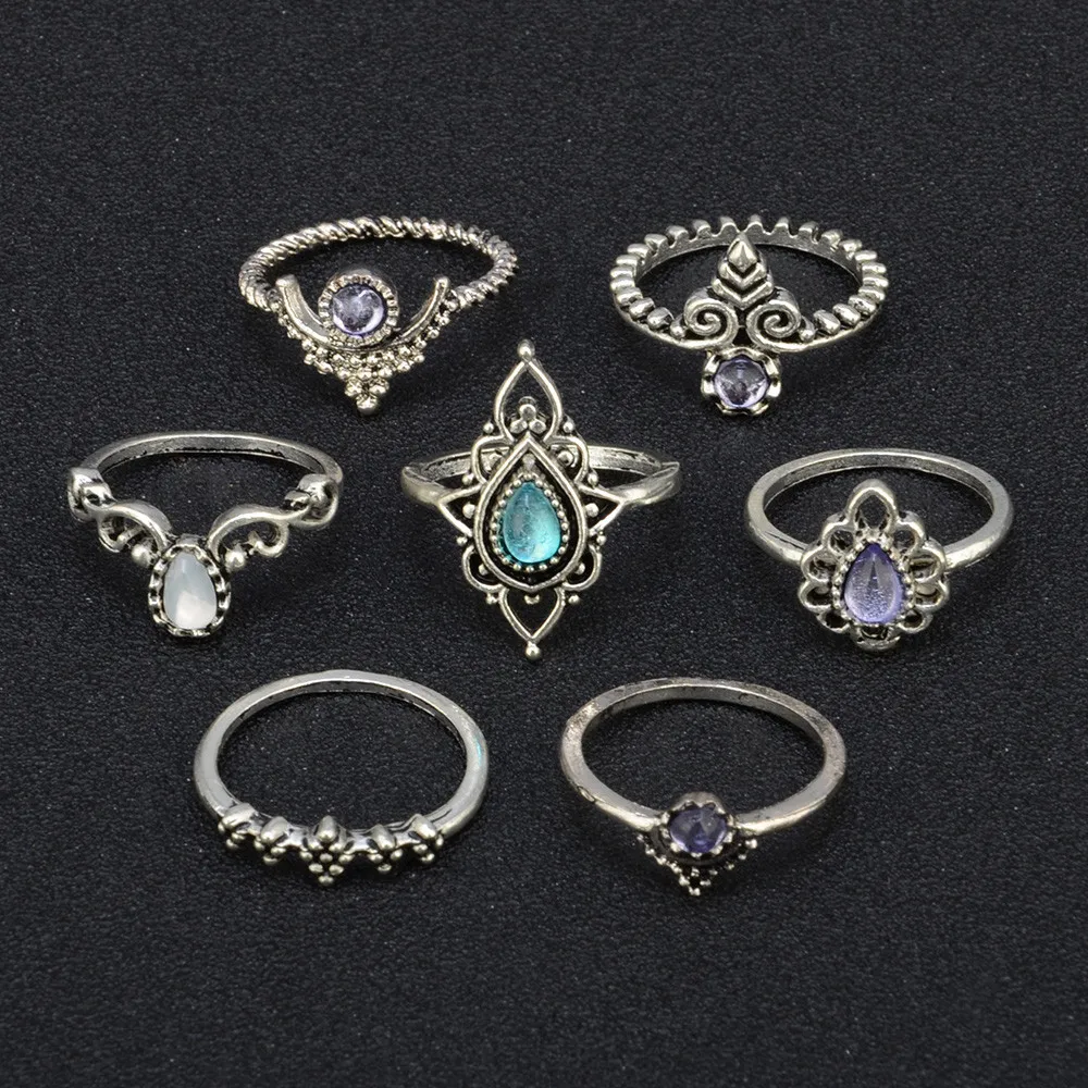 

7pcs/set Party Engagement Anniversary Wedding Women Bohemian Vintage Silver Stack Rings Above Knuckle Blue Set Christmas 9.17