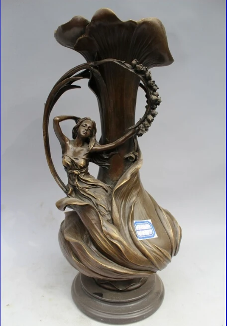 

15"Western Art sculpture Pure Bronze Marble Angell Girl Flower Vase Statue