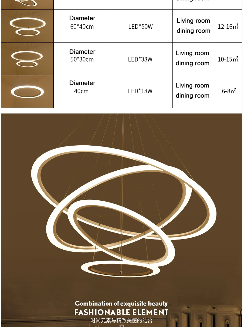 LICAN Modern Led lustre chandelier Acrylic Rings For Living Room Stainless Steel White Hanging Fixtures Adjustable Chandelier