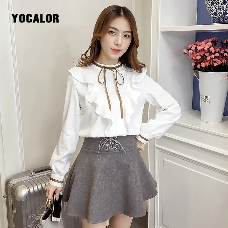 YOCALOR Korean Bow Shirt Chiffon White Blouse Girls Women