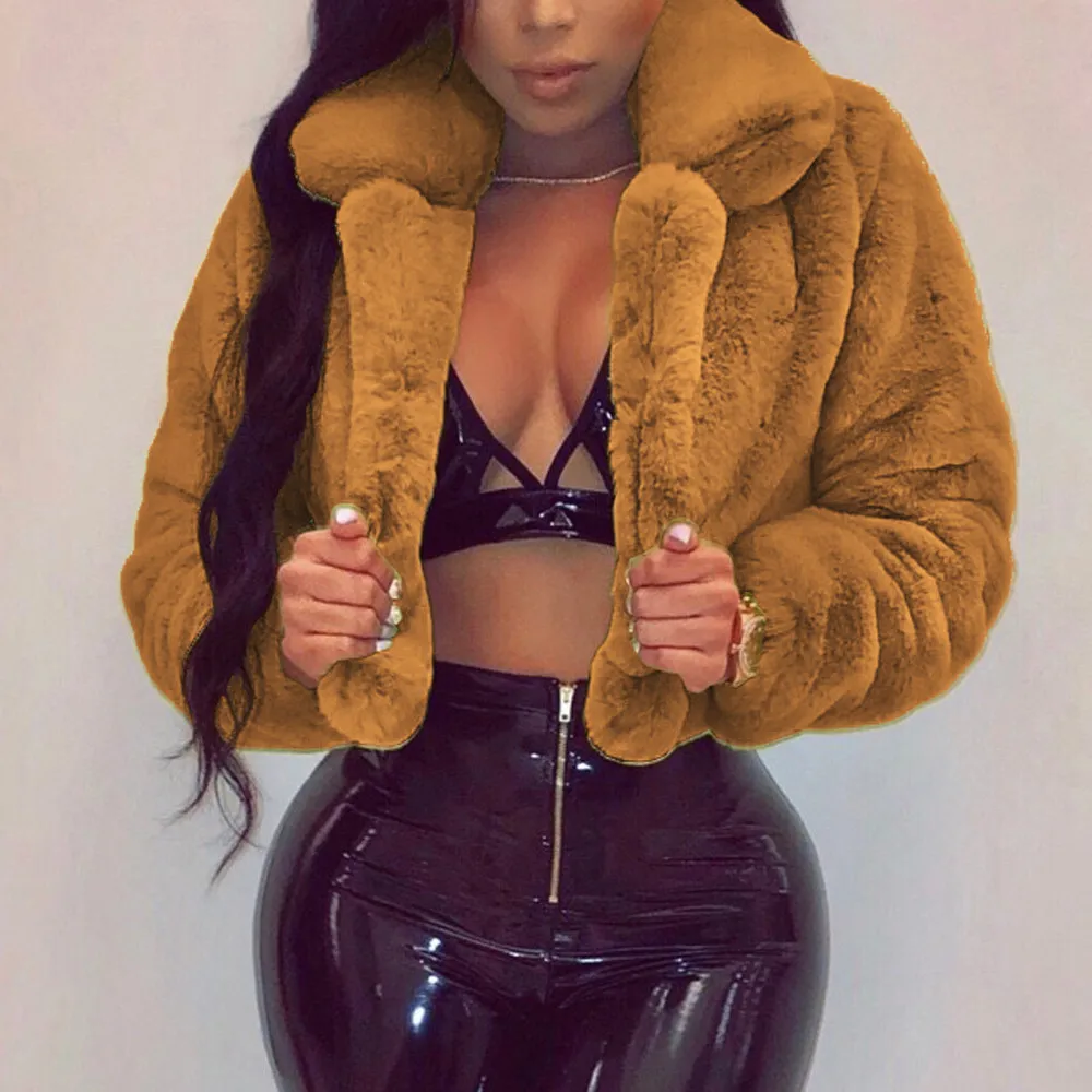 feitong Fashion Women Coat Fluffy Fleece Turn-down Collar Faux Fur Top Short Loose Coat Fashion women clothes 2018 Plus Size