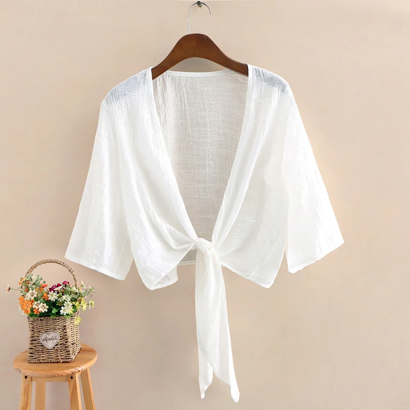 

Summer Thin Women's Cardigan Sunscreen 3/4 Sleeve Solid Cotton Linen Tops Sun Protection Short Cardigans Blouses