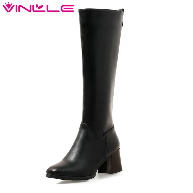 

VINLLE 2019 Women Shoes Knee High Boots High Heel PU leather Pointed Toe Western Style Zipper Ladies Motorcycle Shoes Size 34-43