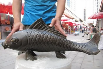 

USPS to USA S2627 China Pure Bronze Copper Refined Fengshui lucky Carved Money carp Fish Statue
