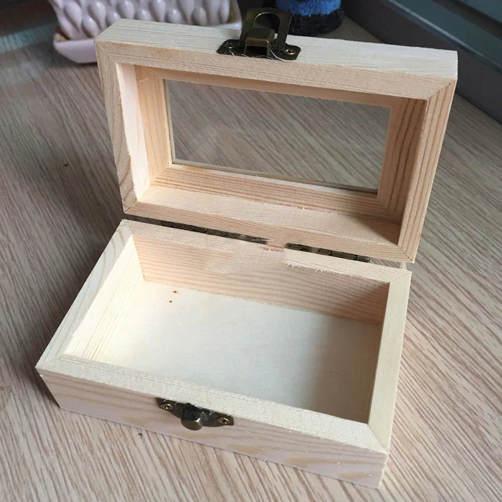 Glass Door Unfinished Wooden Jewelry Case Storage Box for Kids Toy DIY Craft 