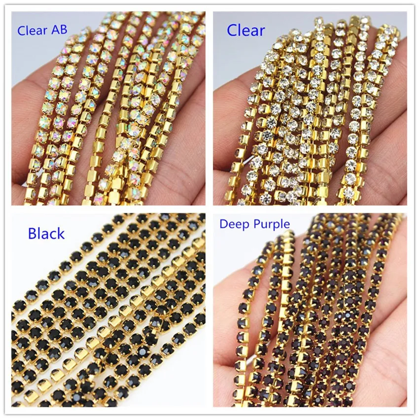 2mm 2.5mm 2.8mm 3mm 2Yard Colorful Sew on Crystal Rhinestone Cup Chain Gold Based Claw for Party Dinner Dress Accessories 8Y1200