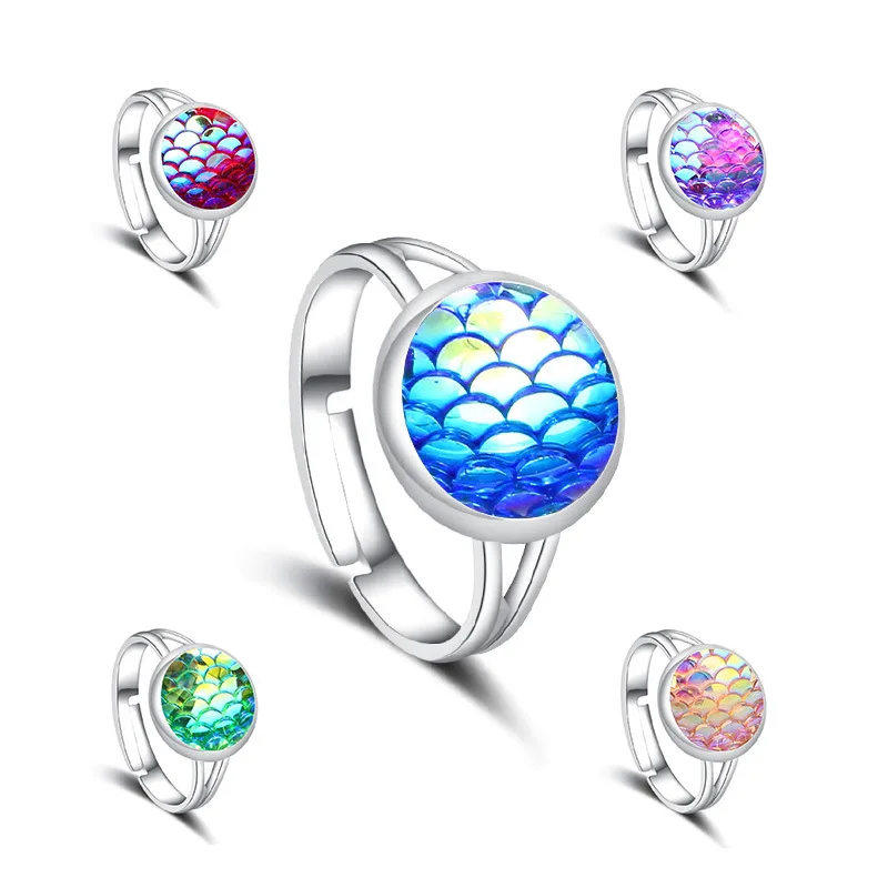 

11 Colors Mermaid Scale Faux Drusy Druzy Ring Imitation Crystal Stone Silver Color Rings Adjustable Brand Jewelry for Women