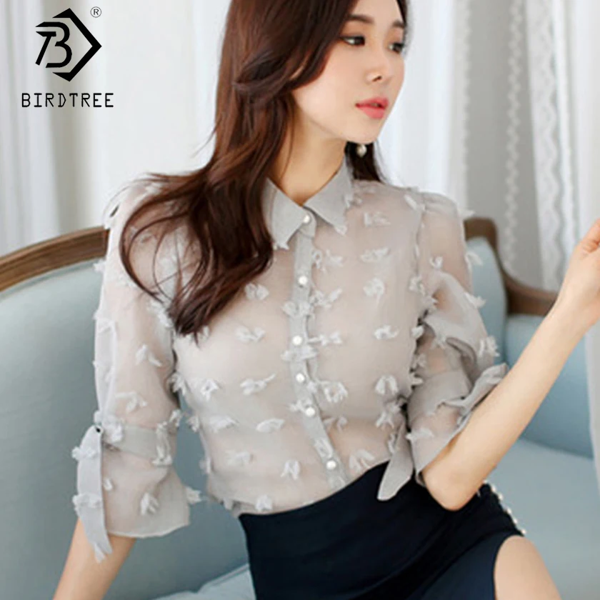 

2019 Spring Women Sexy Flower Hollow Out Mesh Chiffon Shirt Blouse Turn Down Collar Half Bow Lace Up Sleeve Causal Top T8D509C
