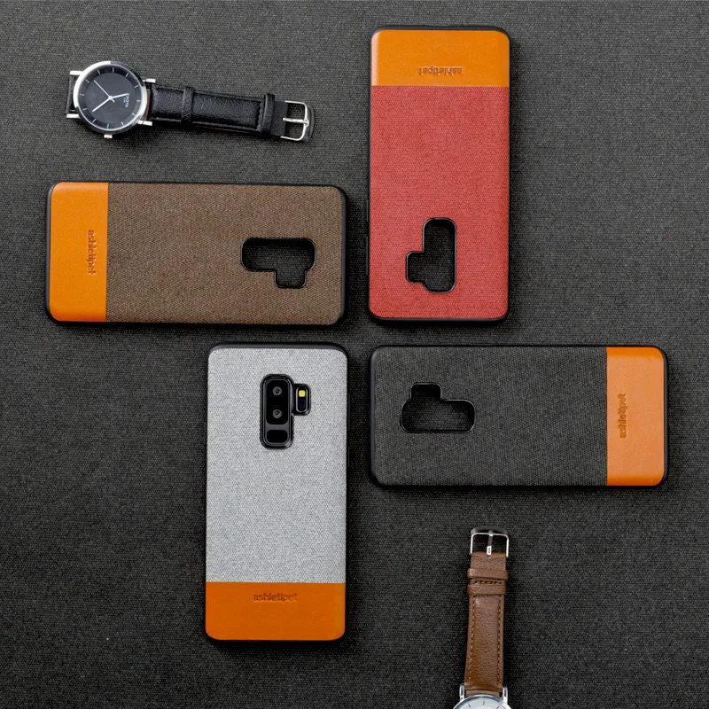 

Phone Housing For Samsung S9 S8 Plus S7 Edge Note 8 9 A5 A7 A8 J3 J5 J7 silicone edge fabric shockproof Canvas and Cowhide Case