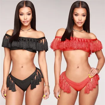 

Women Sexy Tassel Solid 2PCs Sets Slash Neck Push-up Padded Bra Bandage Bikini Crop Top+ Triangles Panties Set Swimwear Bathing