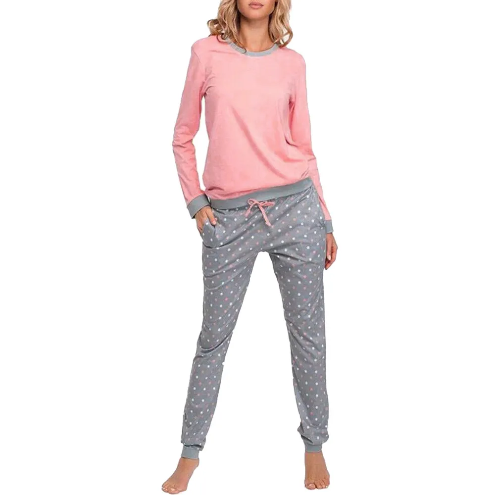

JAYCOSIN Women Set Clothes Sleepwear Two Piece Set Long Sleeve Top Dot Printed Long Pants Autumn Winter Sweatshirt Pajamas Suit