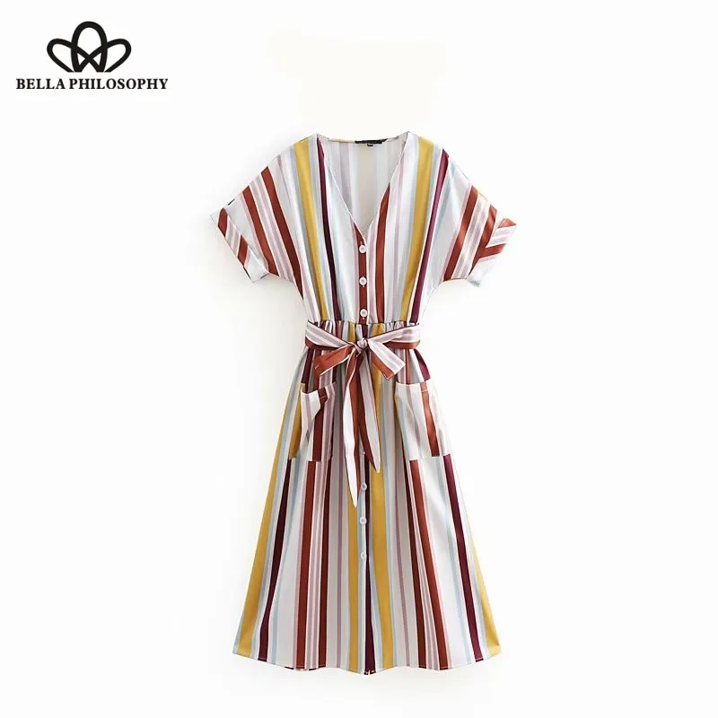 Wonder 2018 summer vintage v neck short sleeve colorful stripe long midi dress ladies vestidos casual bowknot sashes chic dress