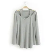 2016 Spring Plus Size New Casual Women Loose Off Shoulder Tshirts Solid Long-sleeved Basic Shirt Loose T-shirt Big Size