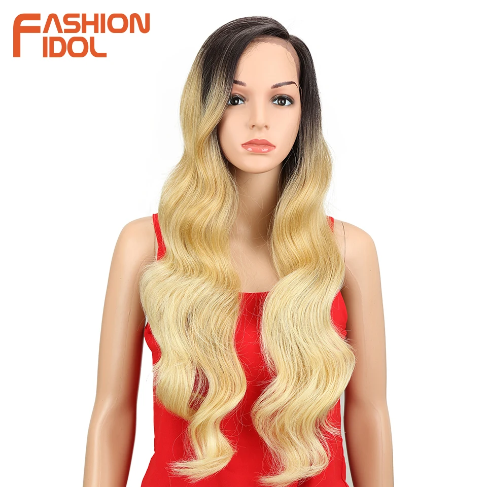 

FASHION IDOL Glueless 28inch lace Front Wig Long Ombre Blonde Body Wave Heat Resistant Fiber Hair Synthetic Wigs For Black Women