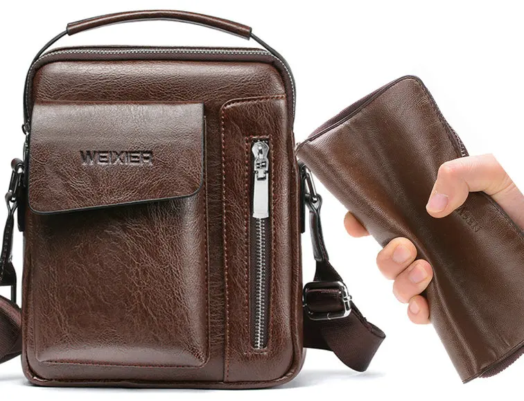 Мужская сумка-мессенджер, 2 комплекта, мужские сумки из искусственной кожи на плечо, деловая сумка через плечо, Повседневная сумка, известный бренд, маленький черный портфель - Цвет: dark brown bag set