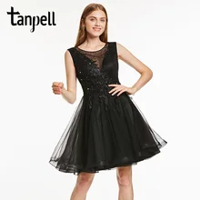 Tanpell короткое платье для выпускного вечера Черное платье без рукавов до колена ТРАПЕЦИЕВИДНОЕ ПЛАТЬЕ дамское платье с аппликацией из бисера коктейльное платье для выпускного вечера