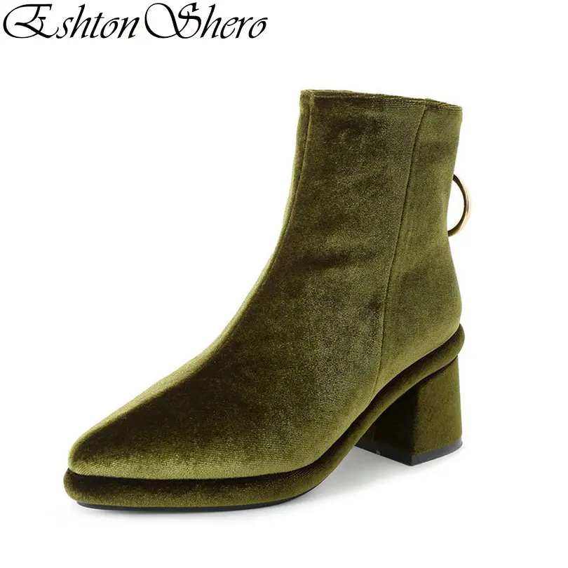 

EshtonShero Autumn/Winter Shoes Woman Ankle Boots Velvet+PU High Heel Fashion Pointed Toe Ladies Motorcycle Boots Size 34-39