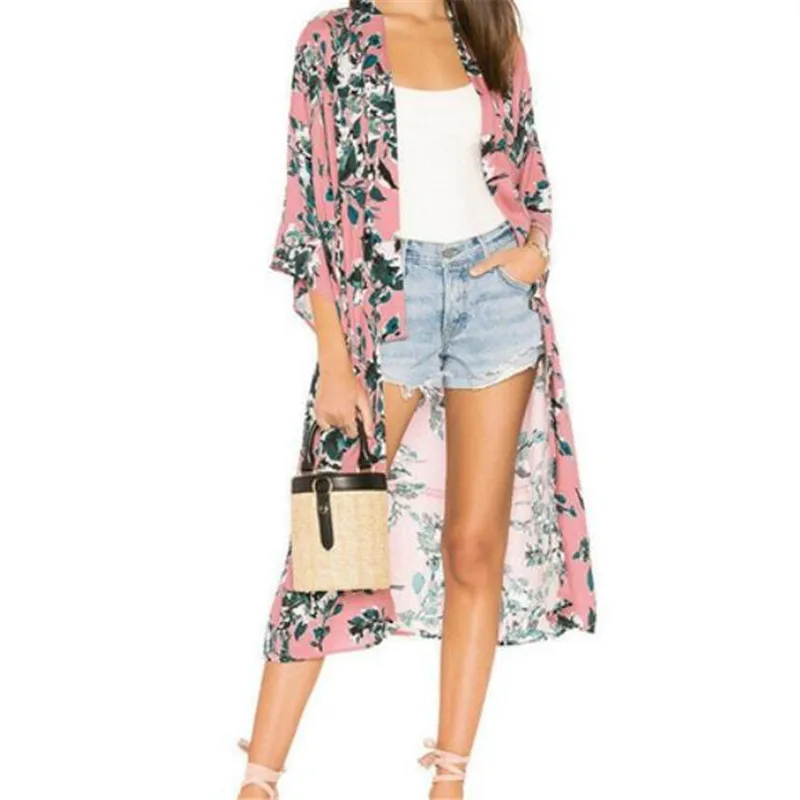 

Women Casual Vintage Kimono Cardigan Ladies 2018 Summer Long Crochet Chiffon Kimono preto Loose floral printed Blouse Tops Black