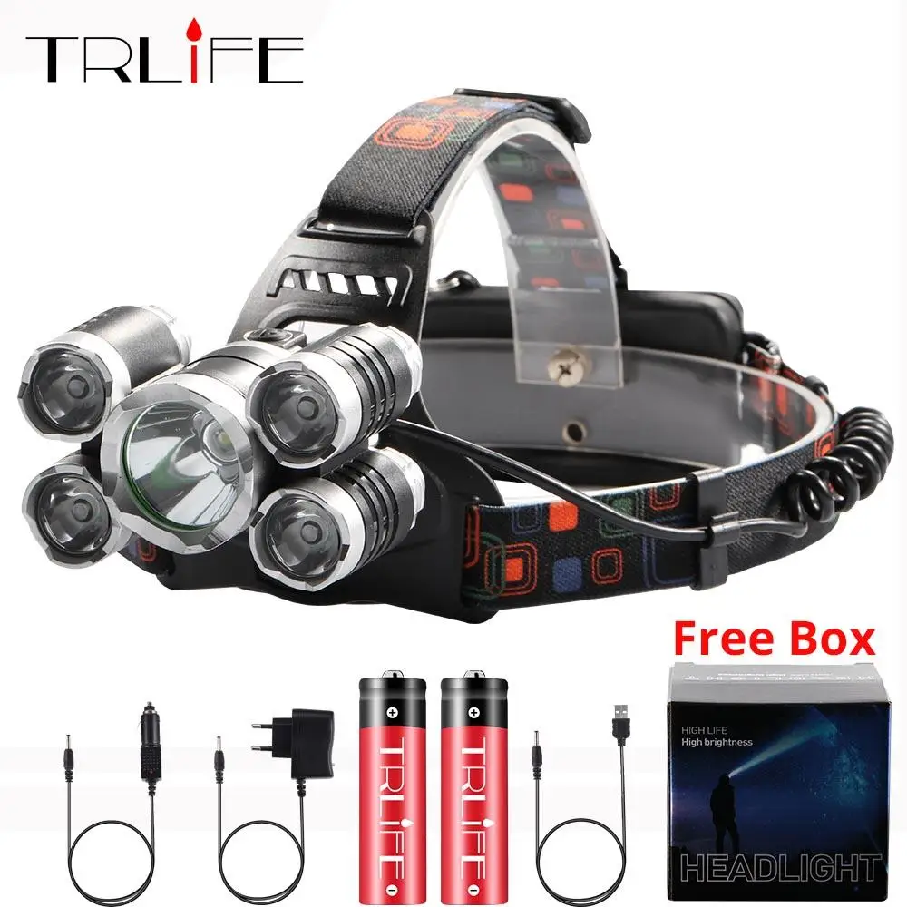 

60000Lm XM-T6x3 LED Headlight ZOOM Flashlight 5 LEDTorch Camping Fishing Headlamp lantern Use 2*18650 battery/AC/Car/Usb/charge