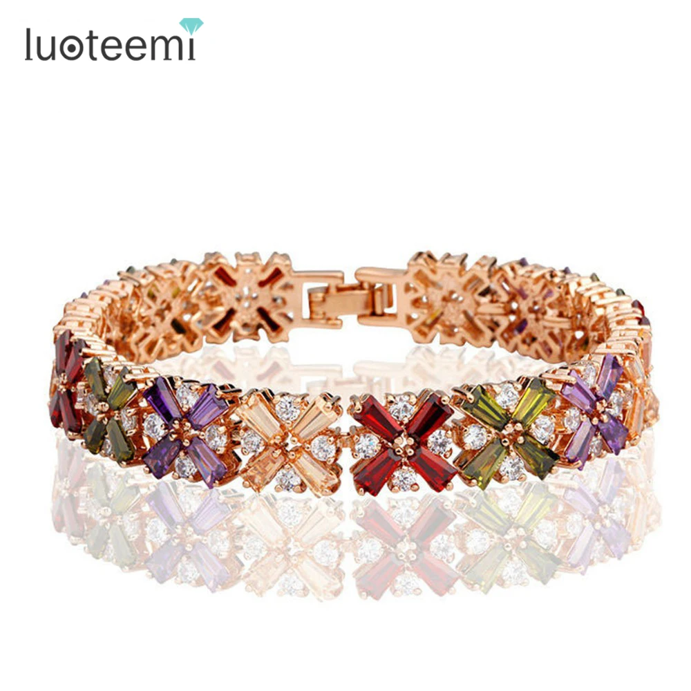 

LUOTEEMI Luxury Rose/ Champagne Gold Color Multicolor Cubic Zircon Bracelet for Women Charm Bridal Wedding Girl Party Accessory