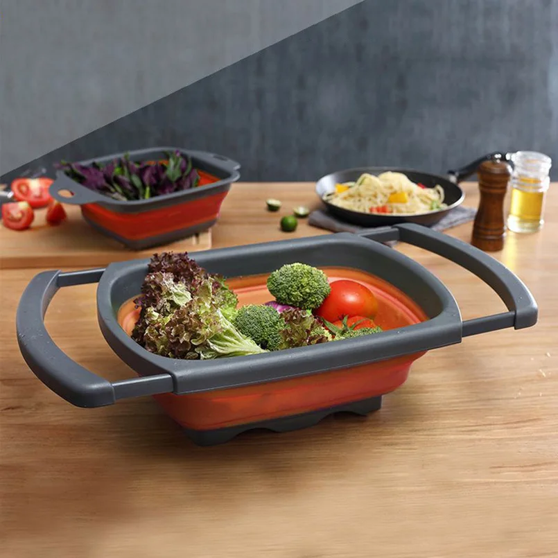 

Foldabe Rectangle Fruit Washing Basket Telescopic Handle Large Capacity Antislip Draining bottom Portable Picnic Kitchen Gadget