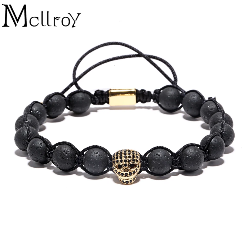 

Mcllroy Fashion Charm Bracelets Popular Lava Stone Bracelet Skull Micro Pave CZ beads Braiding Macrame Bracelets For Men Women
