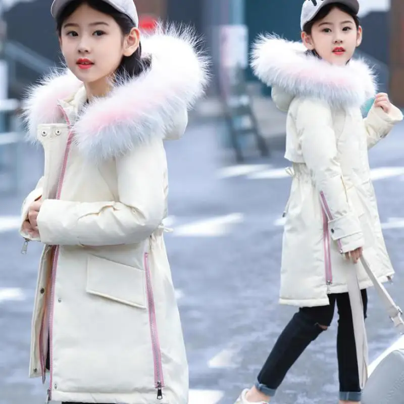 

2018 Teenage Toddler Girls Warm Down Jacket White Duck Down Long Thick Children Coats For -30 Degree Winter Natural Fur Snowsuit