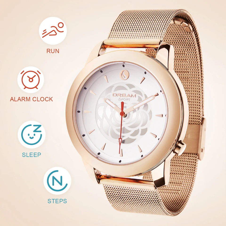

Dream Sport Rose Gold Smartwatch Women,Stainless Steel Case Hybrid Smartwatch, Pedometer,Alarm Clock,Sleep Tracker