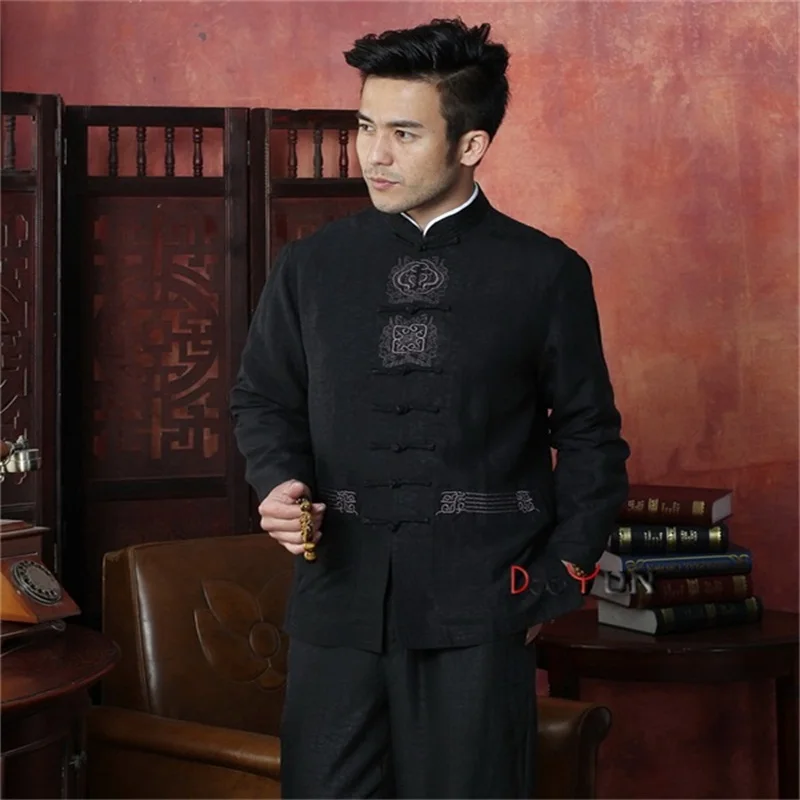 

New Fashion Black Male 100% Silk Overcoat Chinese Style Embroidery Jacket Kung Fu Costume SML XL XXL XXXL