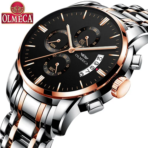 OLMECA новые черные мужские часы из нержавеющей стали relogio masculino роскошные брендовые аналоговые спортивные наручные часы кварцевые деловые часы - Цвет: Rose gold Black