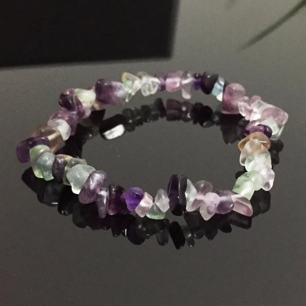 

New Women Bracelets Healing Balance Nuggets Natural Purple Fluorite Amethysts Chip Stone Beads Meditation Green Quartz Bracelets
