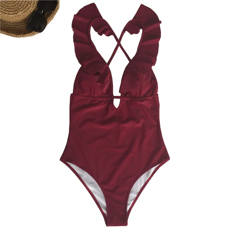 

Sexy Falbala One-piece Swimsuit Women Ruffle Swimwear V-neck 2019 Bandage Solid Beach Bathing Suit Backless Monokini Mujer