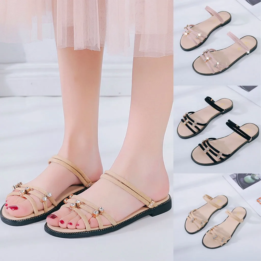 

Women's Open Toe Pearl Flat Beach Walk Shoes Wild Summer Ladies Bohemian Cut Out Sandals Slides Rivets Slippers Chaussures 6.85