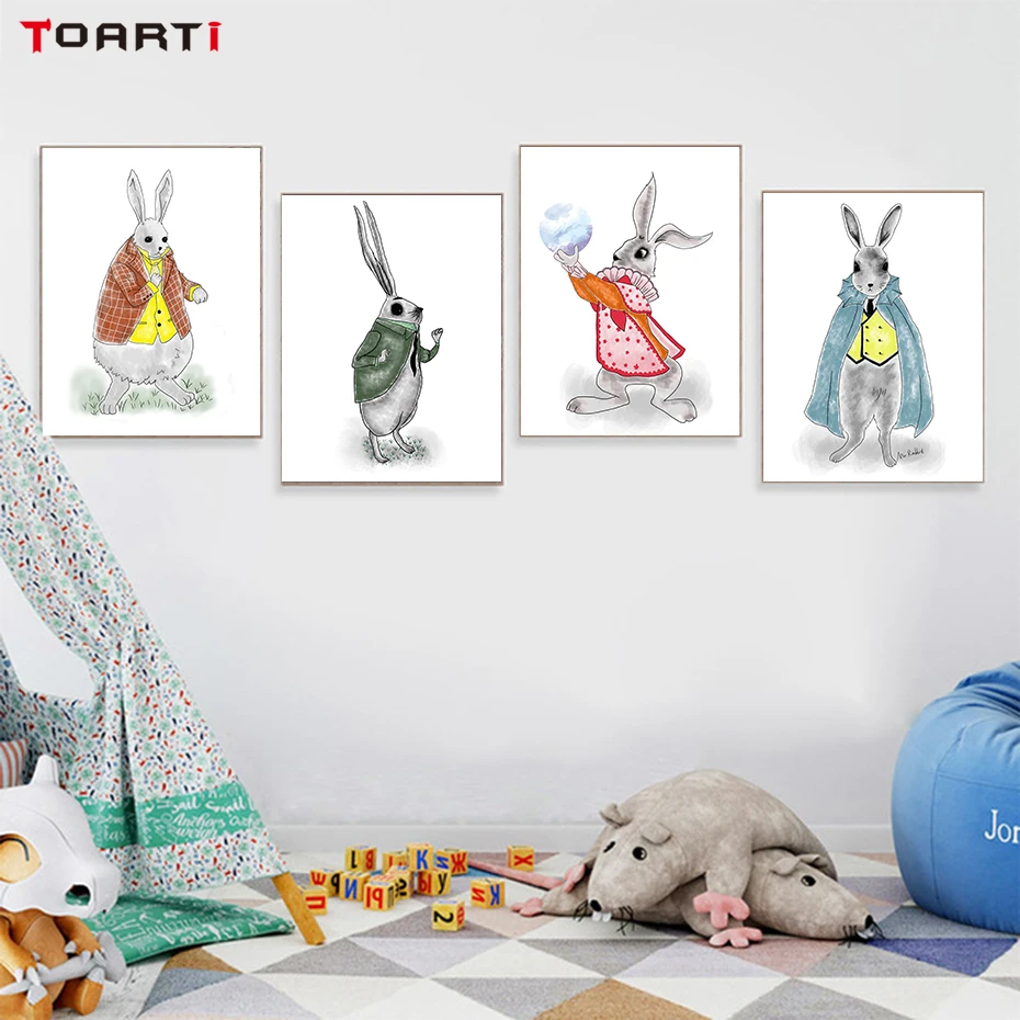 Trendy Rabbit Fashion Show Wall Picture Colorful Cartoon Canvas Painting Vintage Posters&Prints Nursery Art Kids Room Decoration (2)