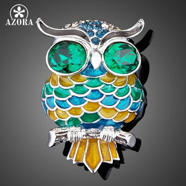 

AZORA White Gold Color Stellux Blue Austrian Crystal The Owl Pin Brooch TP0004