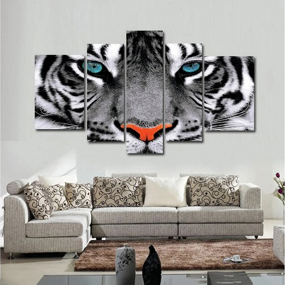 Modern Wall Art Poster Modular Canvas Paintings 5 Pieces Animal White Tiger Eyes Pictures Frame Decor Living Room Home HD Prints
