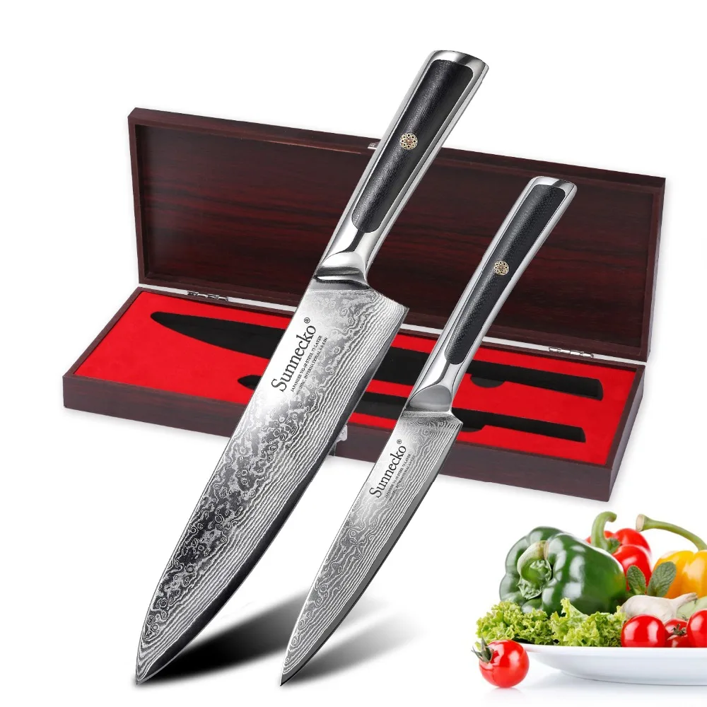 

SUNNECKO 2PCS Damascus Steel Knives Set Premium Gift Box Packaging Japanese Chef Utility Kitchen Knife G10 Handle Meat Cutting