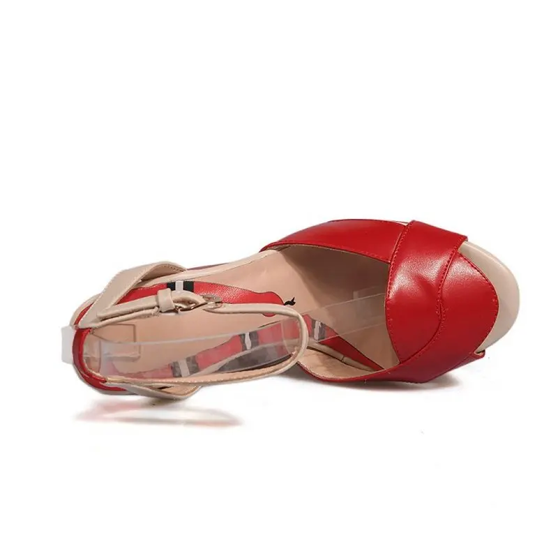 Black red Colores Peep 1 Real marfil Verano De 34 Tobillo Toe azul plata Plataforma Correa Genuino Cuñas Tamaño red Sandalias Cuero 42 2 Alto 5 Simple Zapatos Fizaizifai 1 SRw5ZZ