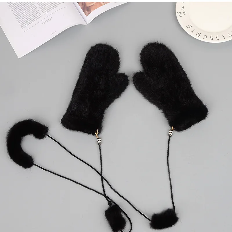 Mink Fur Orange Gloves Women Winter New Korean Version Of The Warm Cute Female Suede Weaving Fingers Fur Gloves - Цвет: black